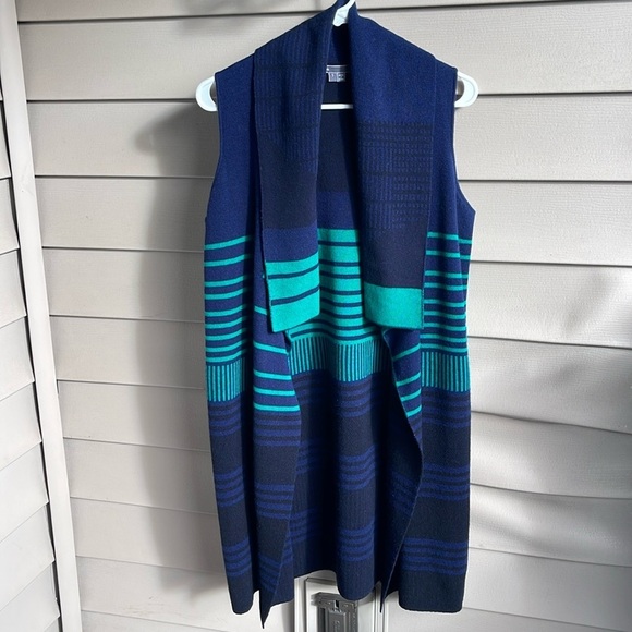 Vince Sweaters - Vince Wool Cashmere Long Cardigan Vest Blue Black Sleeveless Draped Stripe Small